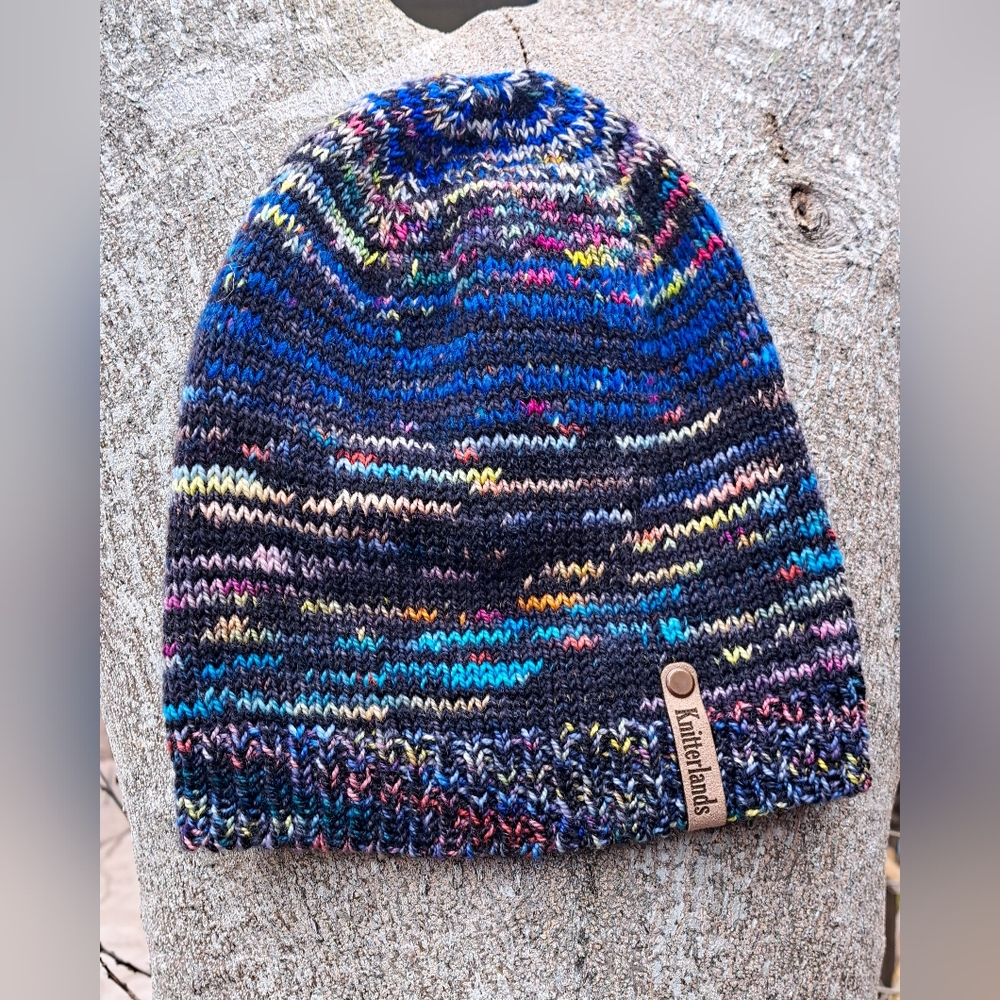 Hand Knit Beanie Hat Stocking Cap Premium Merino Wool Multicolor Black Navy Blue